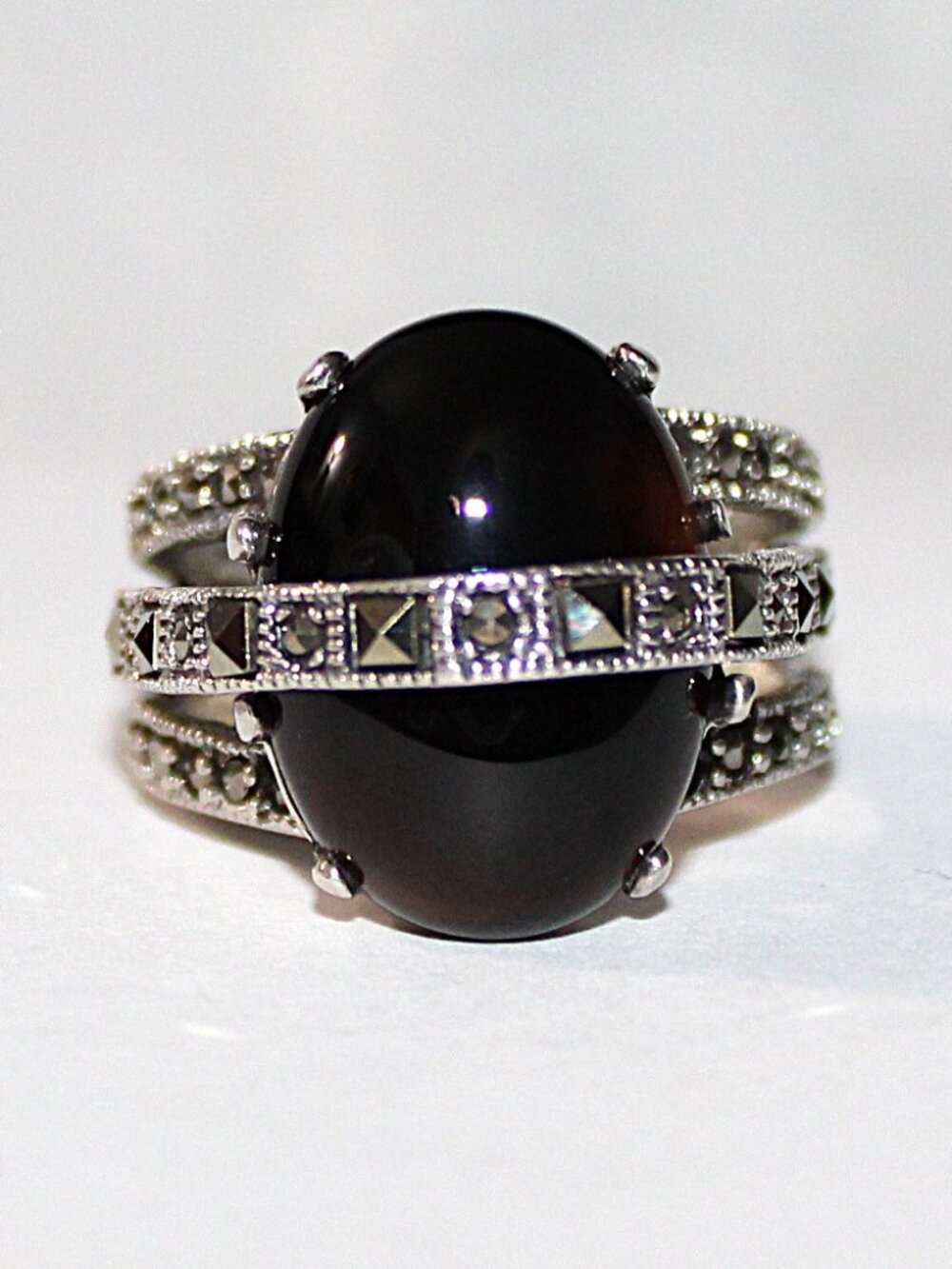Sterling Silver Onyx & Marcasite Art Deco Ring Sz 7